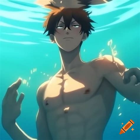 Muscular anime man holding breath underwater with nervous expression on ...
