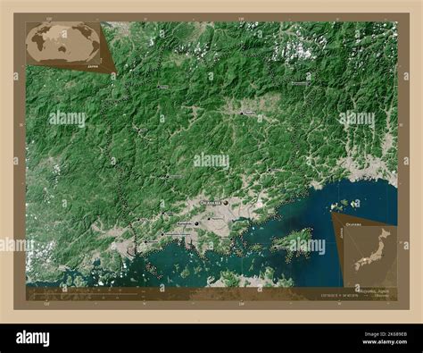 Okayama, prefecture of Japan. Low resolution satellite map. Locations and names of major cities ...