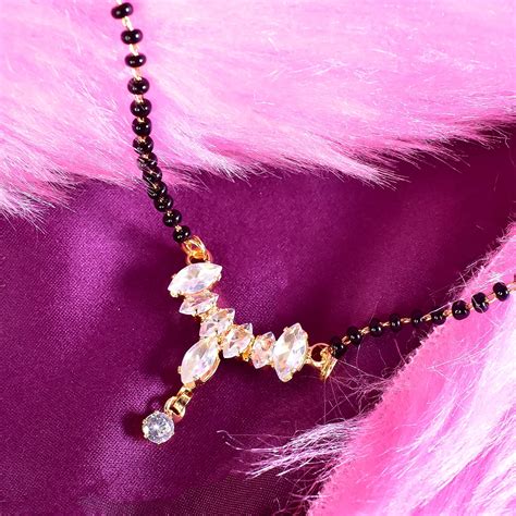 Gold Plated Mangalsutra American Diamond Pendant Black Bead Chain For ...