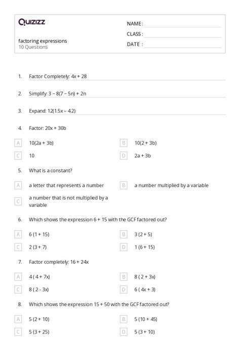 50+ Factoring Expressions worksheets for 8th Class on Quizizz | Free ...