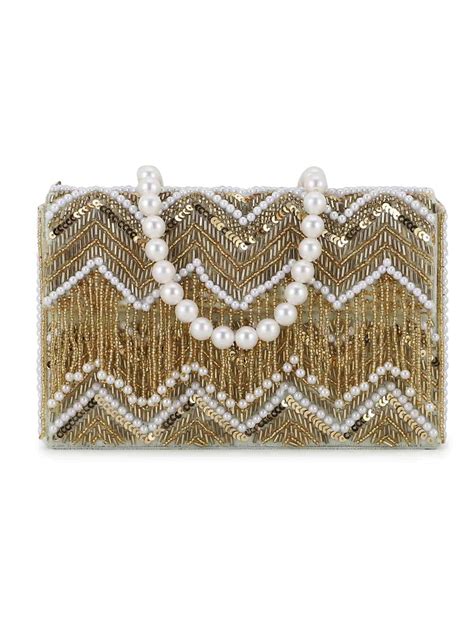 Anekaant Coffer Pastel Green & Gold Chevron Embellished Velvet Clutch