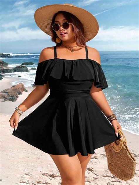 Swim Lushoire Plus Size Women's Solid Color Ruffled Shoulder Vacation ...