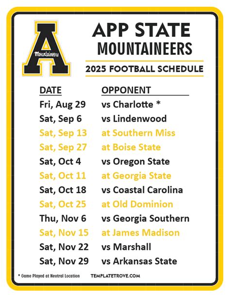 Printable 2025 App State Mountaineers Football Schedule