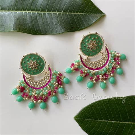 VAISHALI MEENAKARI CHAND BALI PASTEL GREEN RED – SAAR BEAUTY