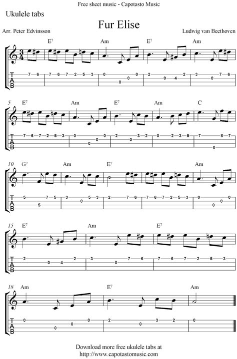 Easy Sheet Music For Beginners: Fur Elise, free ukulele tabs sheet music