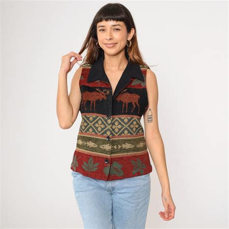 Vintage Y2K Tapestry Vest Moose Leaves Nature Coldwater Creek Button up ...
