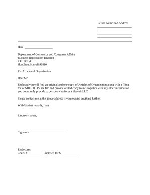 Sample Cover Letter for Filing of LLC Articles or Certificate with ...