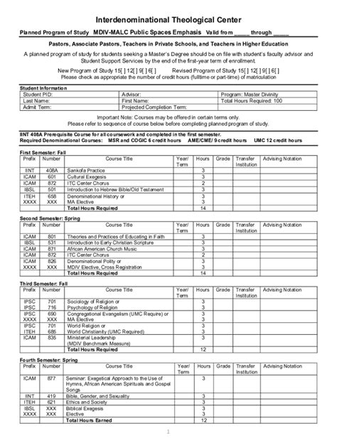Fillable Online Planned Program of Study MDiv Public Spaces Track ...