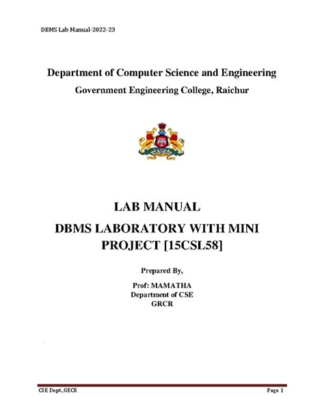 Dbmslabmanual - DATABASE MANAGEMENT SYSTEM LAB MANUAL - Department of ...