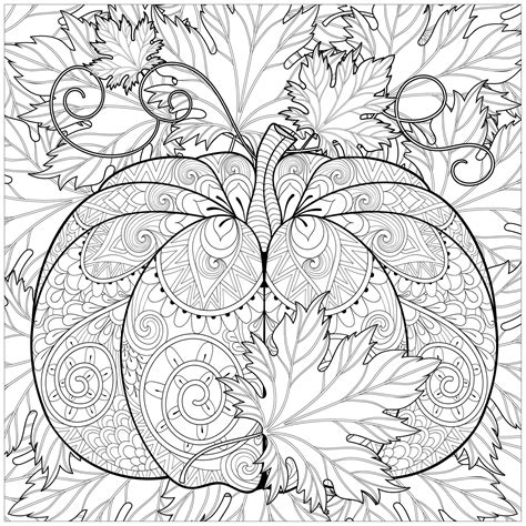 Decorated Pumpkin with Autumn leaves - Halloween Adult Coloring Pages