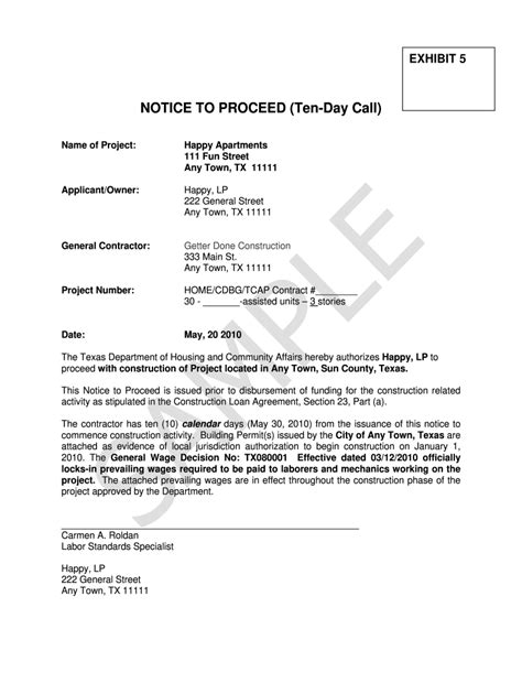 Fillable Online tdhca state tx Notice to Proceed Davis-Bacon Pre-Con ...
