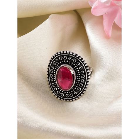 Buy NVR Women Pink Silver Toned German Silver Adjustable Finger Ring Online
