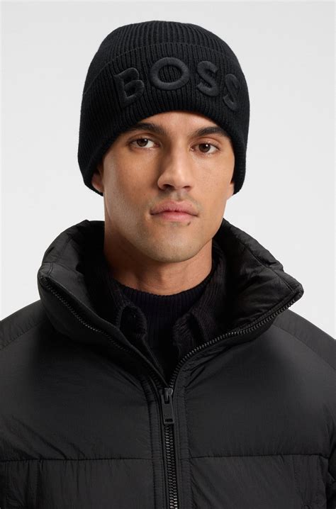 BOSS - Wool-blend beanie hat with embroidered logo - Black