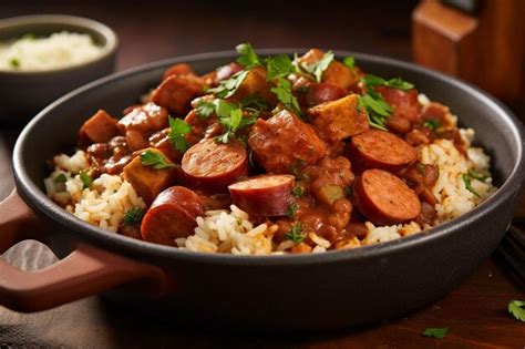 Tofu jambalaya with spicy sausage and rice | Premium AI-generated image