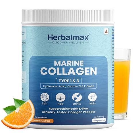 Herbal Max Marine Collagen Powder | Orange Flavour | Type I & III ...