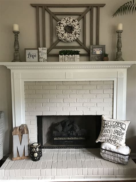Painted Brick Fireplace and Mantle with Cotton Wreath | Brick fireplace ...