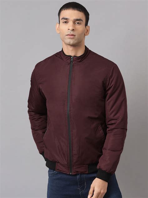 Men Maroon Regular Fit Bomber Solid Jacket