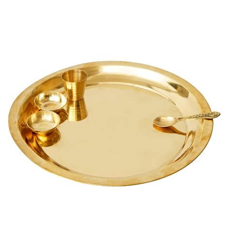 10.5 Inch Brass Pooja Thali with 2 Katori/Bowls, 1 Spoon and 1 Glass ...