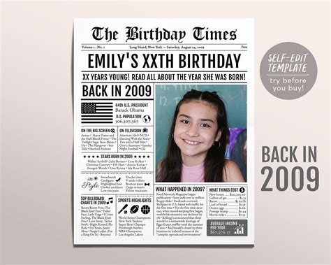 Back in 2009 Birthday Newspaper Editable Template, 14 15 16 Years Ago ...
