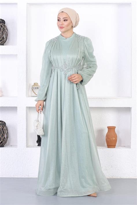 Mint Lace Pearl Shimmer Evening Dress - Modamihram | ElbiseBul