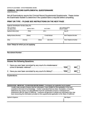 CA Criminal Record Supplemental Questionnaire 2010 - Fill and Sign ...