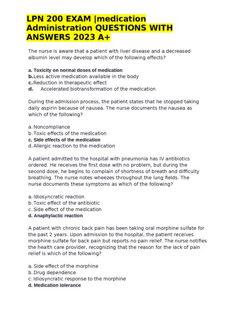LPN 200 EXAM |medication Administration QUESTIONS WITH ANSWERS 2023 A+ ...