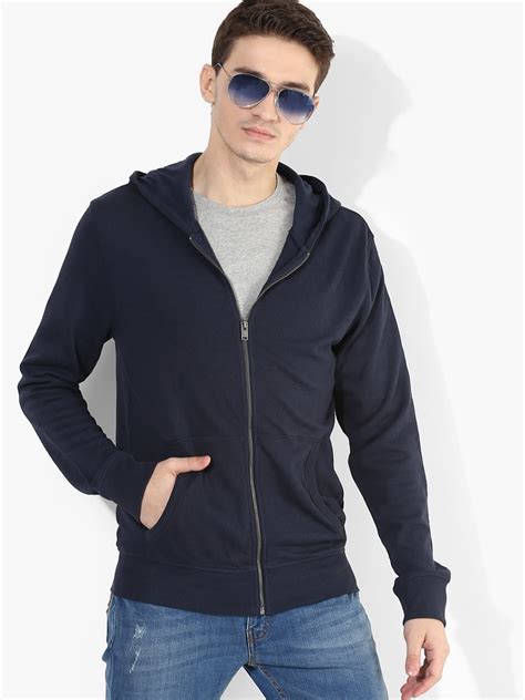 Buy SELECTED Men Navy Blue Solid Hooded Front Open Sweatshirt ...