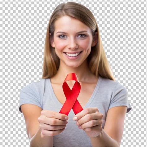 Young woman with red aids awareness ribbon in hand on transparent ...