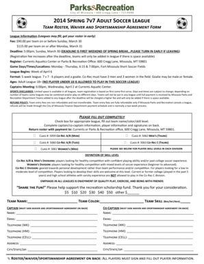 Fillable Online 4 Spring 7v7 Adult Soccer League - Missoula MT Fax ...
