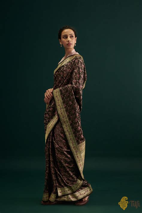 'Aparajita' Brown Pure Soft Satin Silk Banarasi Handloom Saree - Tilfi