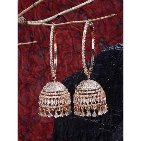 Buy ZENEME Rose Gold Plated Brass Big Hoop with Dome Shaped Ad Jhumka ...