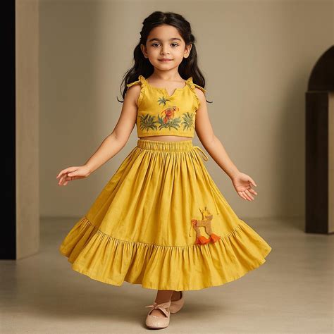 Pre Order: Jungle Theme Embroidered Yellow Top And Flared Lehenga – Who ...