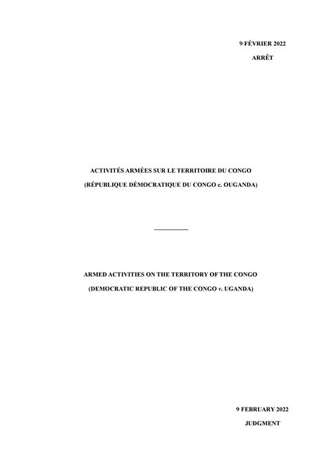 Congo v uganda - Case Details - 9 FÉVRIER 2022 ARRÊT ACTIVITÉS ARMÉES ...