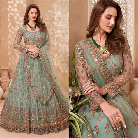 Sea Green Sequins Floral Embroidered Net Lehenga Choli