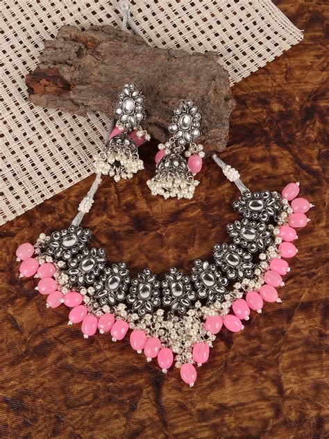 Rhodium-Plated & Yellow, Pink Beads Floral Designed Jewellery Set ...