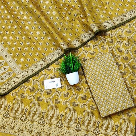 Mustard Surahi Jaal Cotton Silk Banarasi Suit – Mohsin Textiles