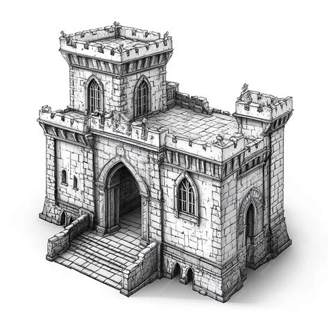 Front view building for a fantasy map black and white with white ...