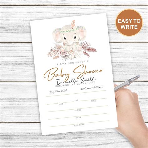 Buy Baby Shower Invitation Cards With Envelopes, Elephant Boho Floral ...