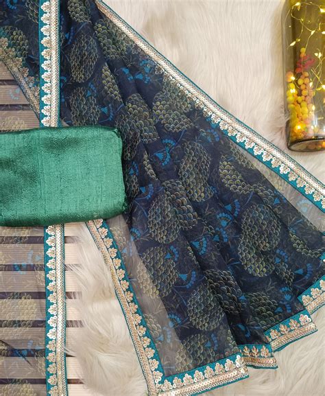 Printed Blue Black Organza Saree || Peepal Clothing