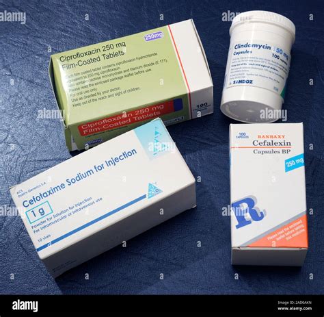 Antibiotics. Assorted forms of antibiotic drugs. From upper left: ciprofloxacin, clindomycin ...