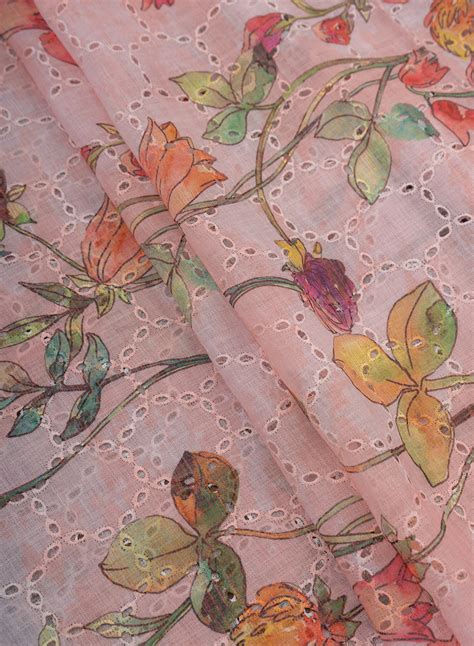 Linen Schiffli Peach Color Floral Digital Print Embroidery Fabric ...