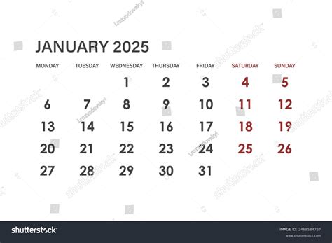 January 2025 Calendar Week Starts On Stock Vector (Royalty Free ...