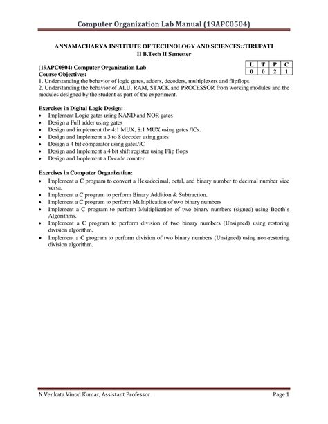 Coa lab manual - ANNAMACHARYA INSTITUTE OF TECHNOLOGY AND SCIENCES ...