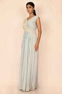 Buy Blue Chinon Embroidered Bead Work V Neck Pleated Gown For Women by ...