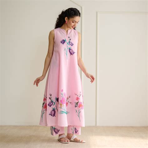 Buy Aviva Patchwork Cotton Kurta Set with Mulmul Slip - Candy Pink ...