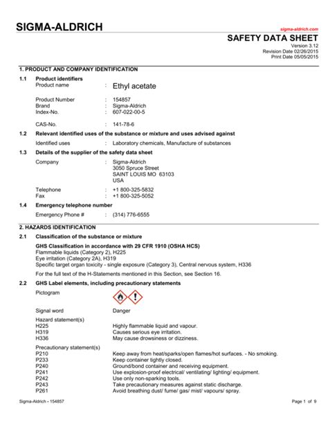Ethyl Acetate Safety Data Sheet (SDS)