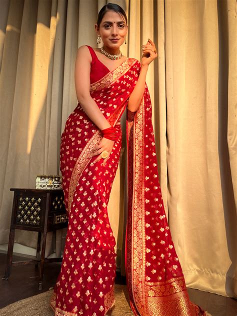 Scarlet Red Banarasi Khaddi Weaved Georgette Saree – Zilikaa