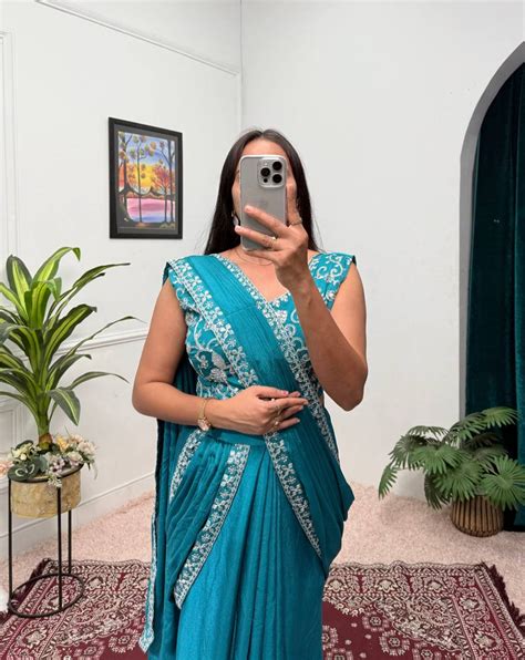 Trending Teal Color Chinon With Embroidered Lace Border Ready To Wear ...