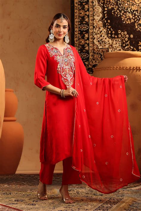 Shop Red Russian Silk Hand Embroidered Straight Suit Set | Scakhi – SCAKHI