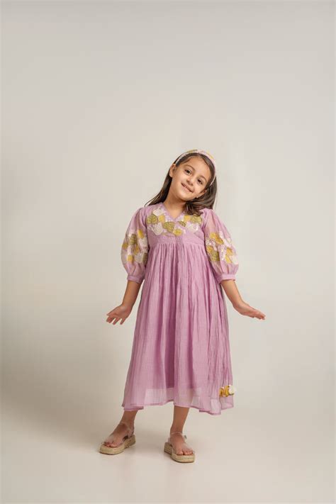 Girls lavender cotton chanderi hand embroidered angrakha dress – The ...